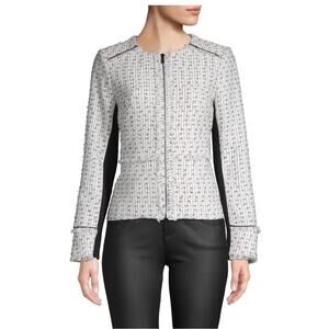 Karl Lagerfeld Paris White Fringe-Trimmed Tweed Zip Up Jacket Size Small